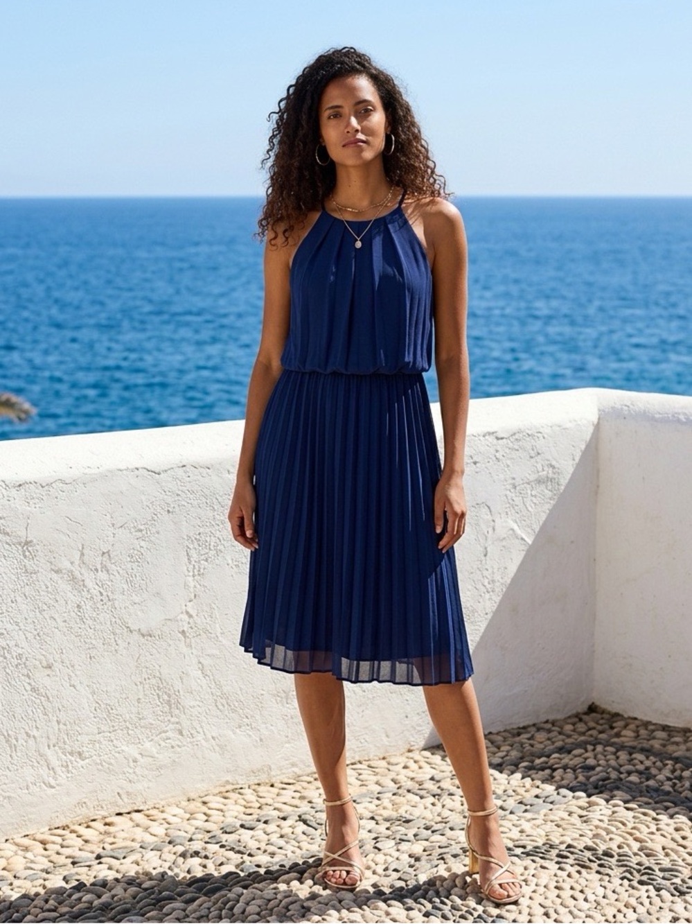 Lush Navy Blue Chiffon Sleeveless Fit & Flare Dress Size Large